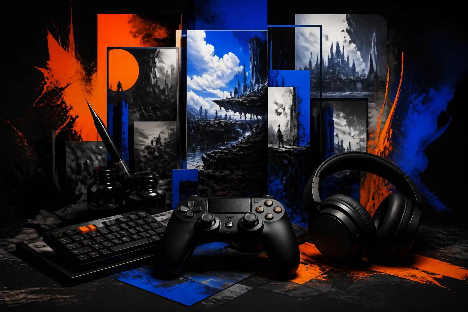 Gaming equipment arranged as a dramatic editorial still life